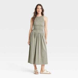 Olive Green Sleeveless Smocked Bodice Maxi Dress, Size Medium, New with Tags